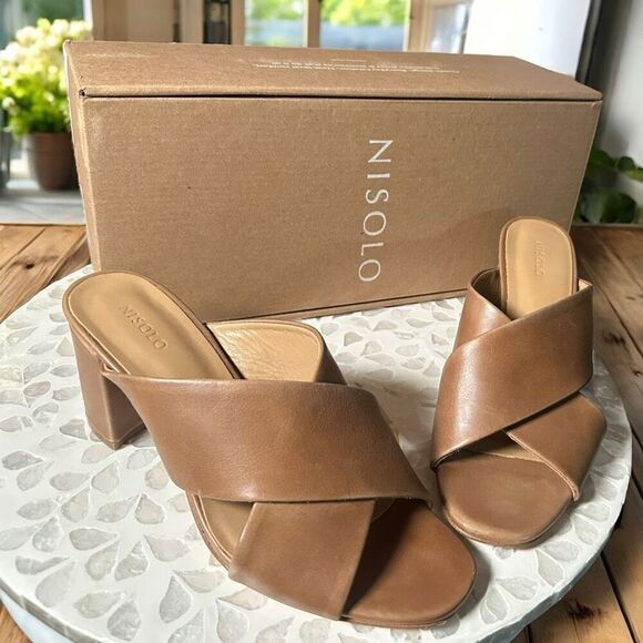 NISOLO Carina Leather Cross Strap Heeled Slip On Sandal Mule Womens 7.5 - Picture 8 of 16